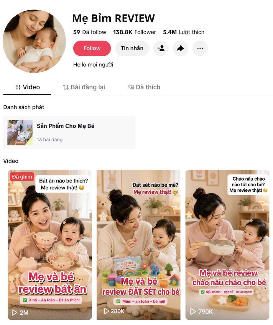 Kênh "Mẹ Bỉm REVIEW" — 138.8K follower · 5,4M lượt thích, video review có cái đạt 2M view