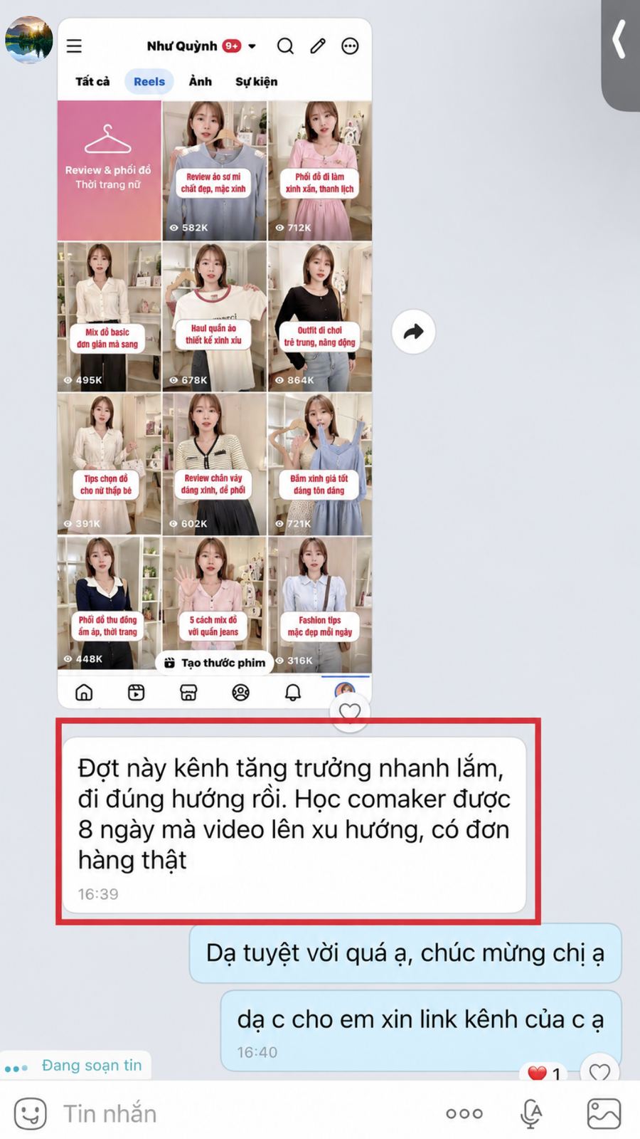 Kênh "Review & phối đồ" của học viên: video 300–860K view — "học comaker được 8 ngày mà video lên xu hướng, có đơn hàng thật"