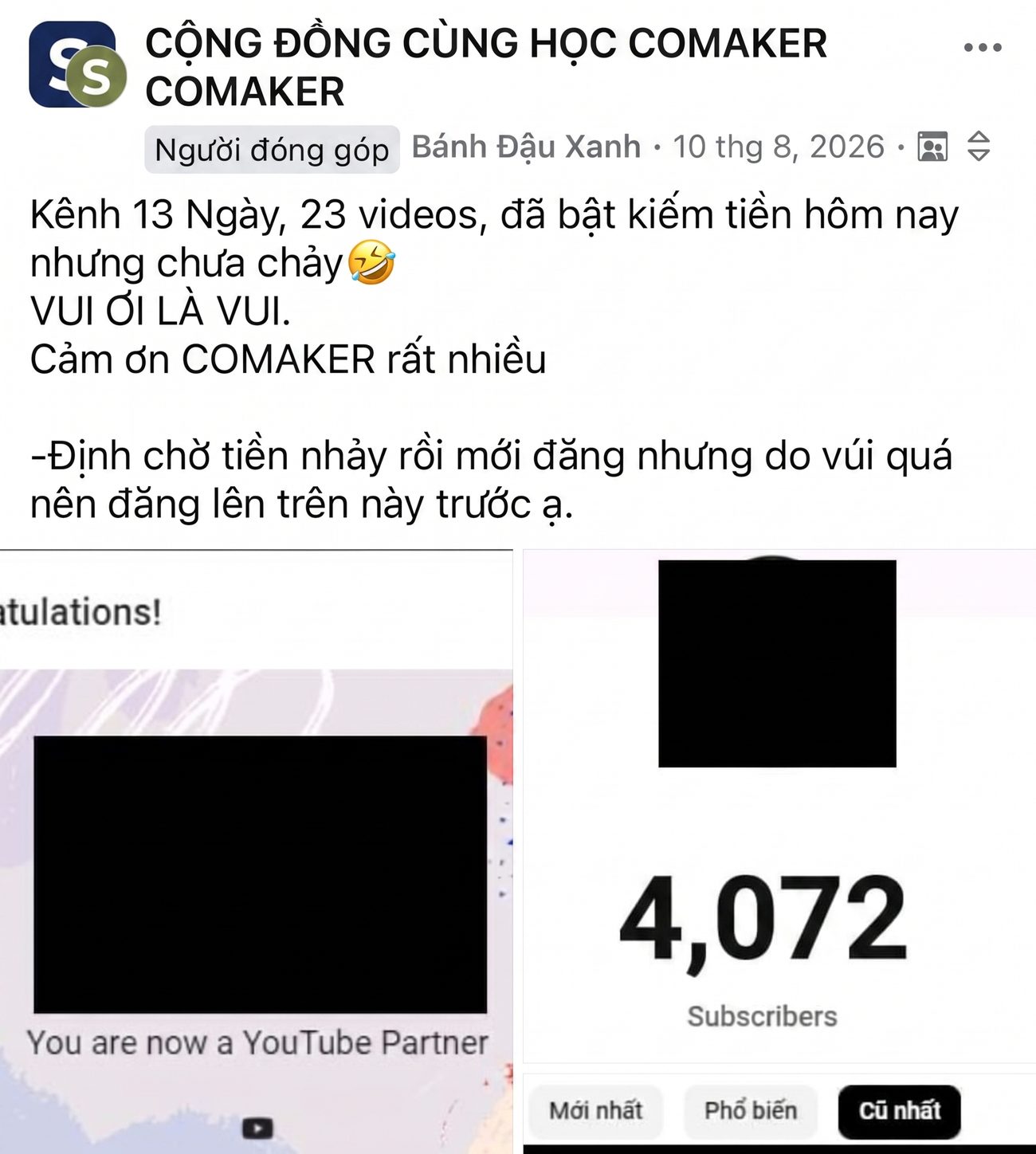 Bài đăng trong cộng đồng học viên: kênh 13 ngày tuổi, 23 video — đã bật kiếm tiền, 4.072 subscriber